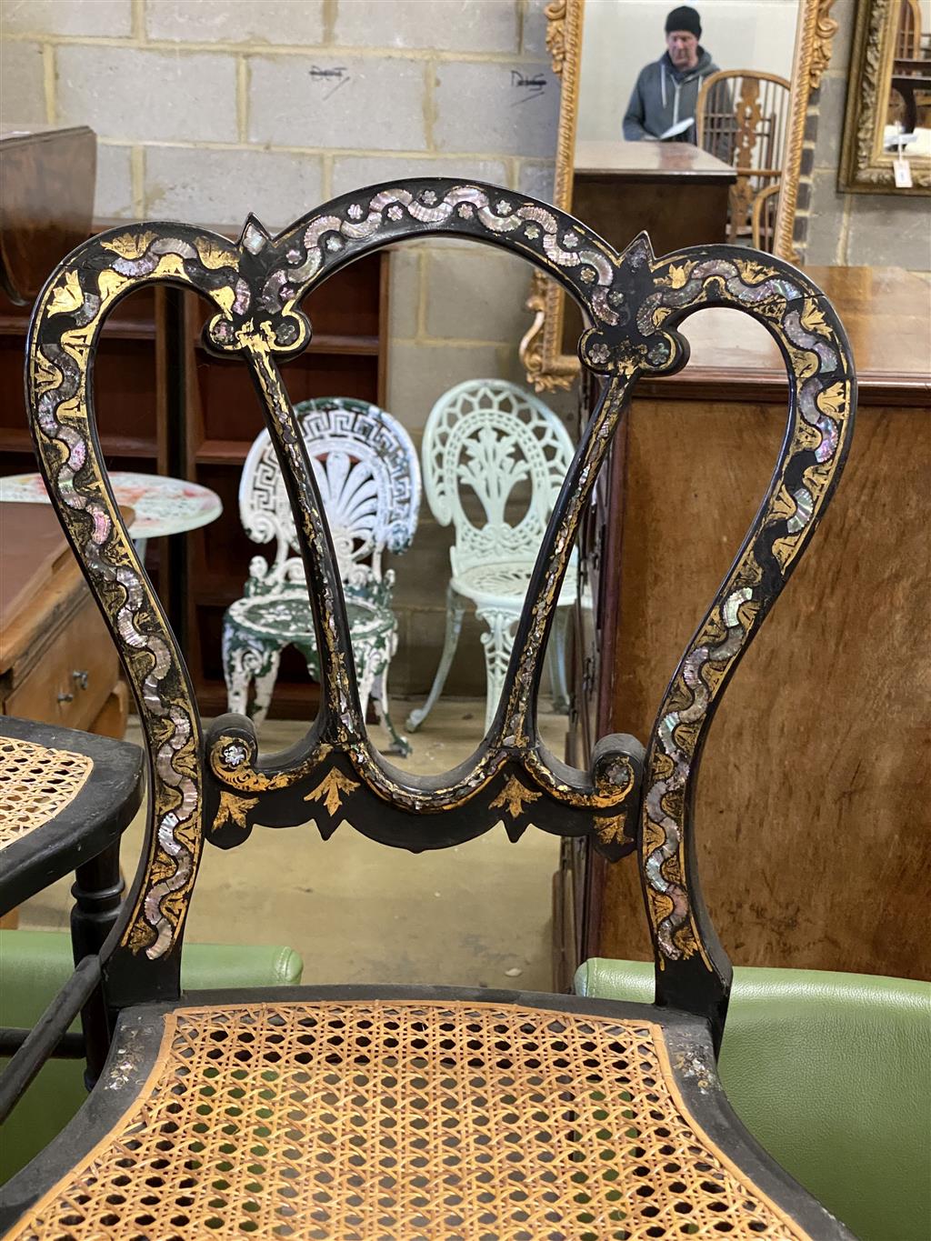 Nine Victorian mother of pearl inlaid lacquered caned seat side chairs
